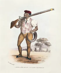 Andries Africander, ein Mulatten-Hottentotte, Illustration aus Wild Sports of South Africa, von W.C. Harris, 1841